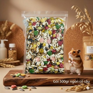 Thức Ăn Trộn Hamster rang bơ VIP Siêu Ngon - Đầy Đủ Sâu Khô, Ức Gà, Cá Sợi - Giúp Bé Béo Mầm, Lông Mượt (Túi 500g/1kg)