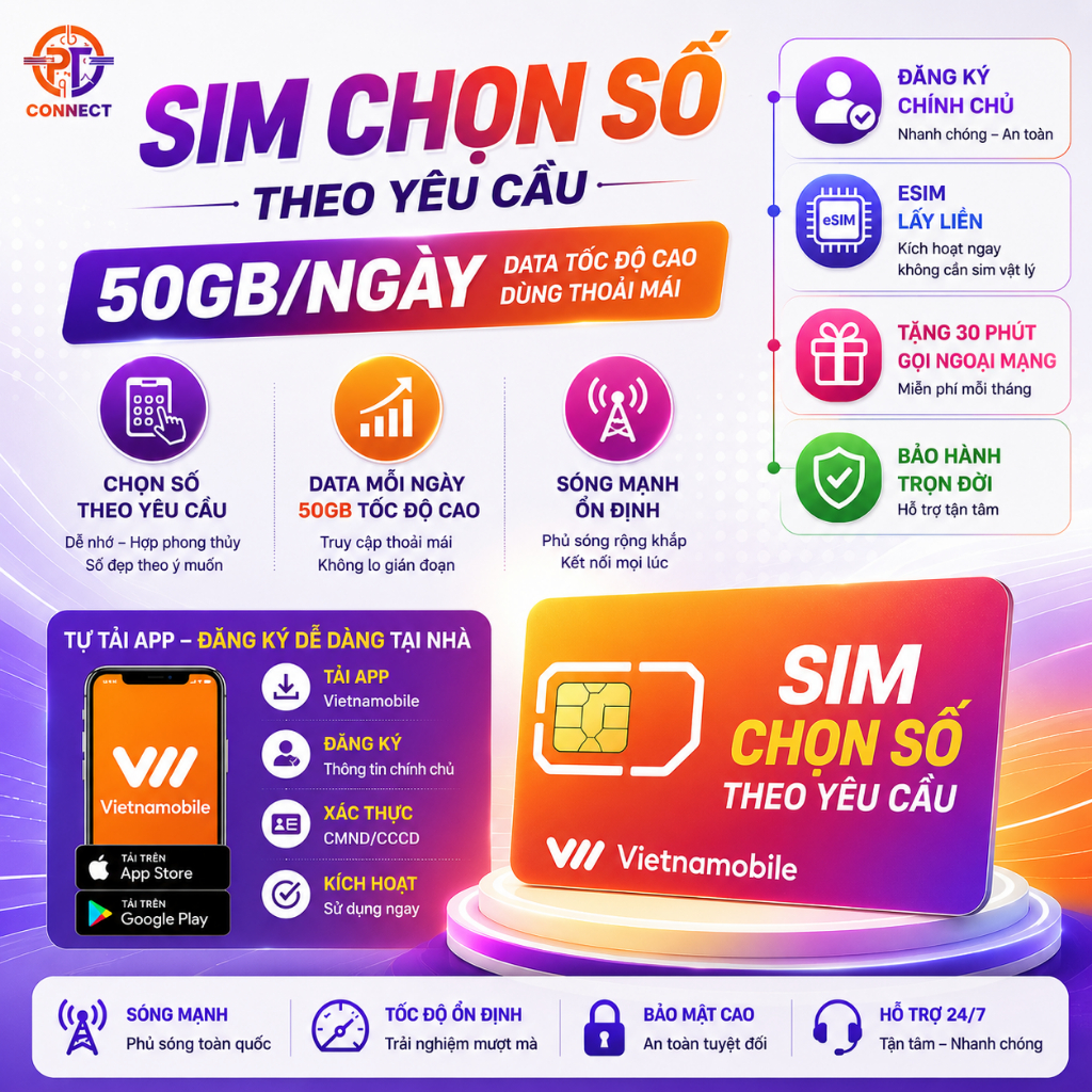 Sim 4G Vietnamobile – 50GB/Ngày Tốc Độ Cao, eSIM Lấy Liền, Đăng Ký Chính Chủ