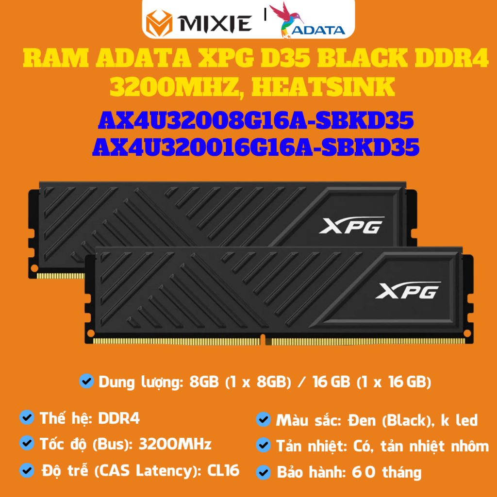 Ram Adata XPG D35 Black 8GB (1×8GB)/ 16GB (1×16GB)  DDR4 3200MHz, Heatsink – BH 5 năm