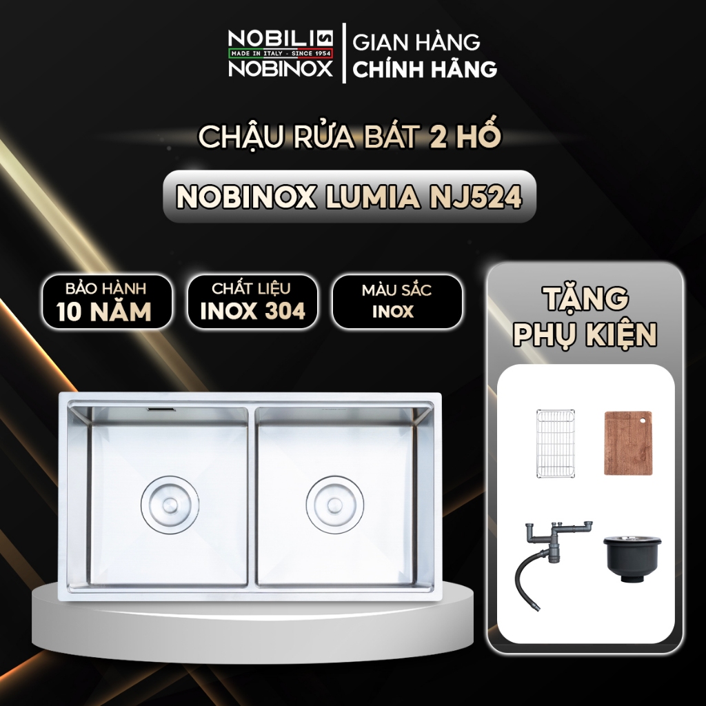 Chậu rửa bát 2 hố Nobinox LUMIA NJ524 inox 304 - Tặng kèm phụ kiện