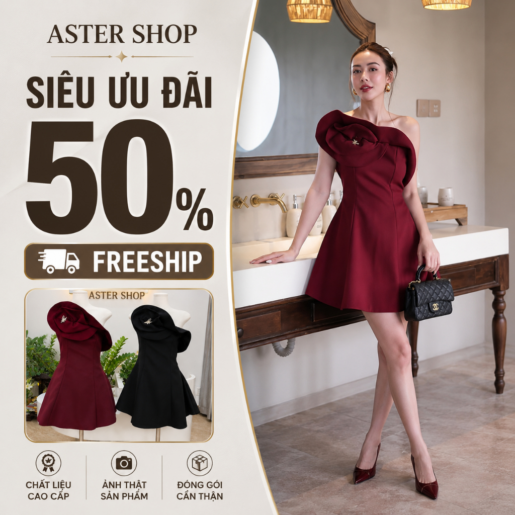 Chuẩn hãng mẫu BAGEO Đầm lệch vai xòe đính hoa ngực chéo Ý  - Aster Shop