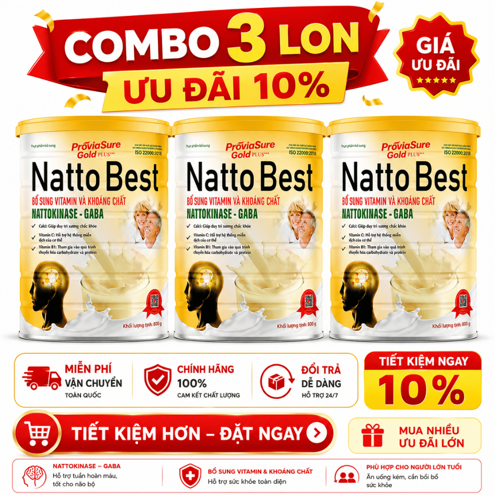 [Combo 3 Lon] Sữa Bột Natto Best Bổ Não, Giúp Ăn Ngon Ngủ Ngon Giảm Tê Bì Tay Chân Đau Nhức Lon 800G