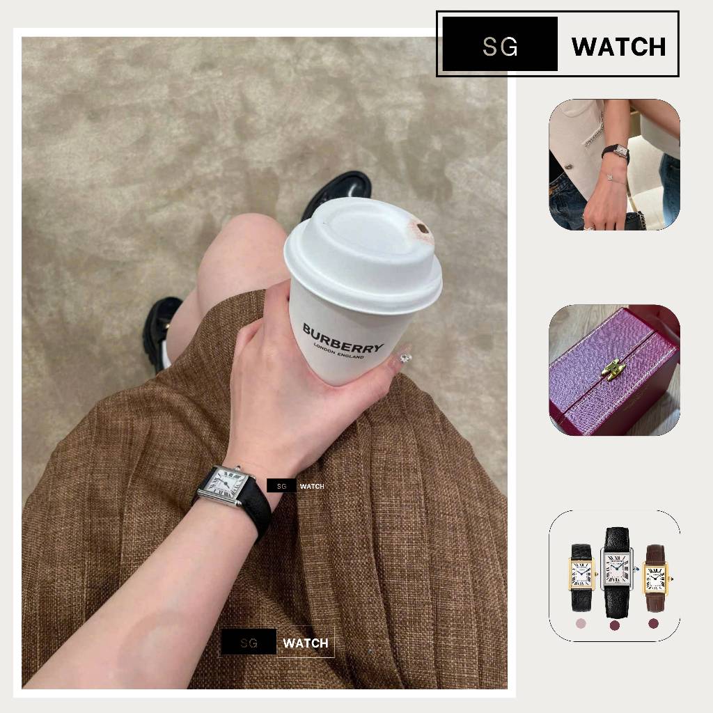 [ SG Watch CT Tank ] Đồng Hồ Nữ Phong Cách Vintage, Dây Da Mặt Vuông Cọc Số La Mã Khóa Thông Minh Si