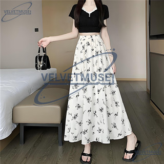 VM-Chân váy hoa nhí, chân váy dáng dài xoè chất liệu voan hot trend 2 màu đen, trắng