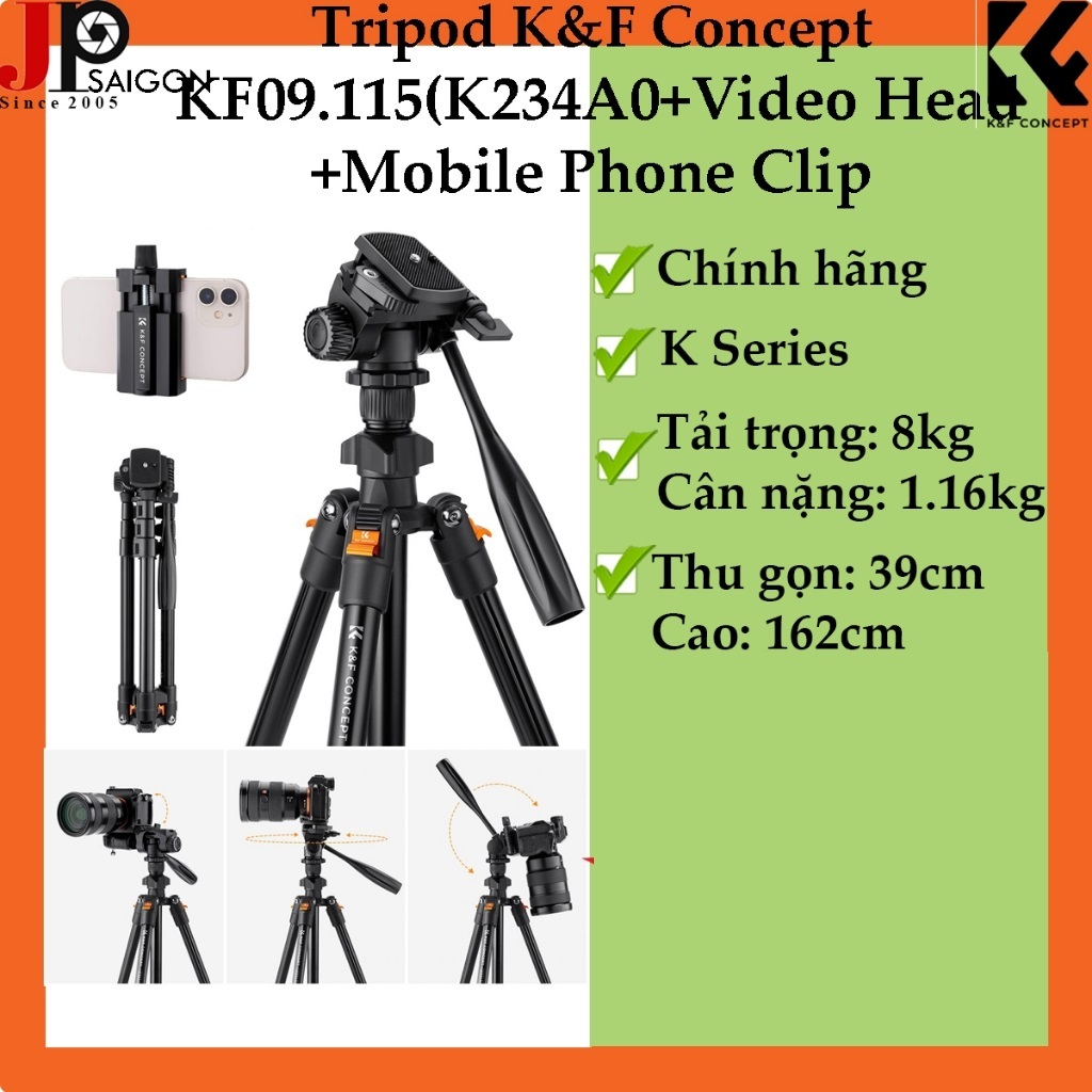 Chân máy ảnh KF09.115 (K234A0+Video Head+Mobile Phone Clip) Chính hãng
