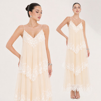 RECHIC Đầm 2 dây Liliana xếp tầng phối ren sang trọng quyến rũ