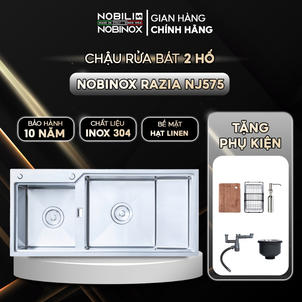 Chậu rửa bát 2 hố Nobinox RAZIA NJ575 inox 304 - Tặng kèm phụ kiện