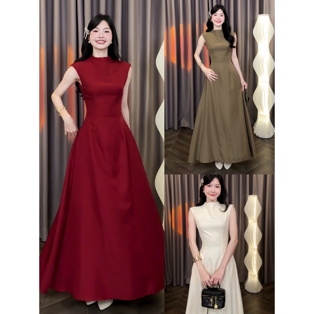 [Đ.40-T] Đầm Thiết Kết Dáng Dài Cổ Trụ Thanh Lịch Cổ Điển (Có Túi) Women Top Dress | Tũm Clothing