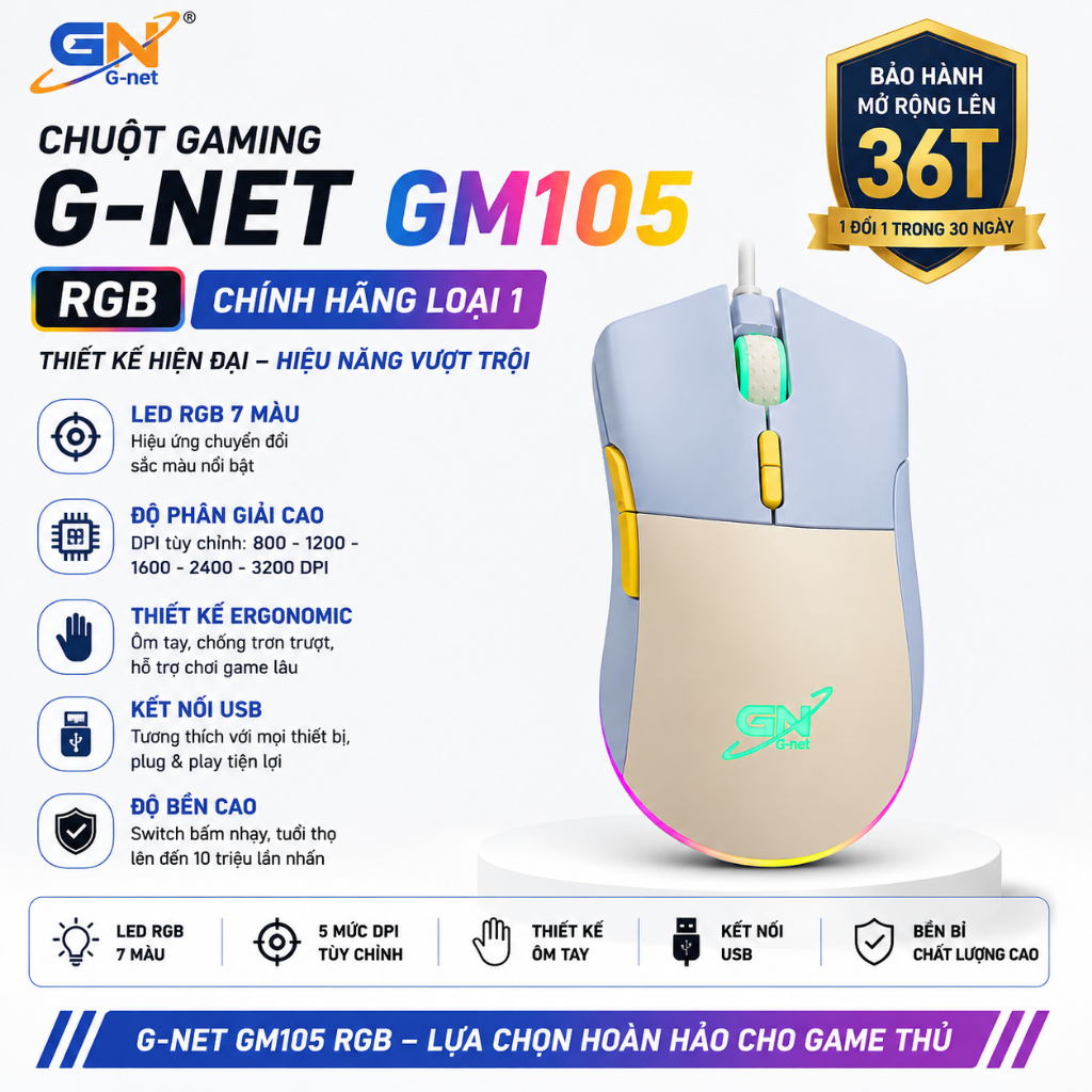 Thanh lý chuột G-NET GM105 RGB 12400 DPI chính hãng loại 1 giá cực tốt