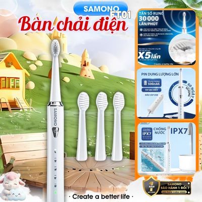 (BH 1 đổi 1) Bàn chải điện Samono SW-ET01, 5 chế độ đánh răng cho nam/nữ và trẻ em, 4 đầu bàn chải thay thế mềm mại