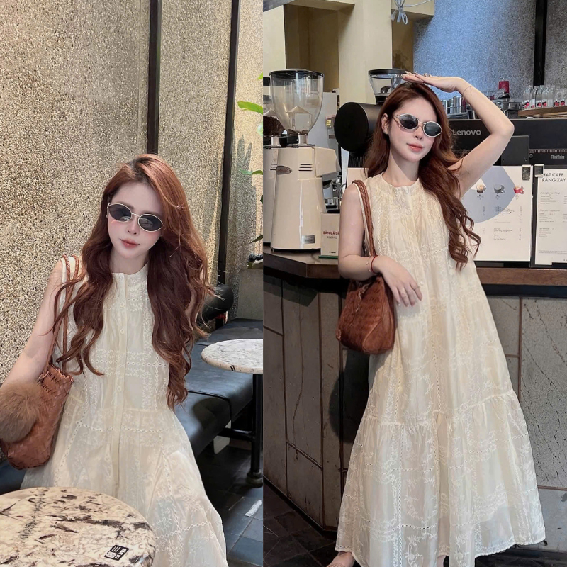 ZIMM STORE-Váy thêu hoa ren nổi sát nách dáng dài màu kem