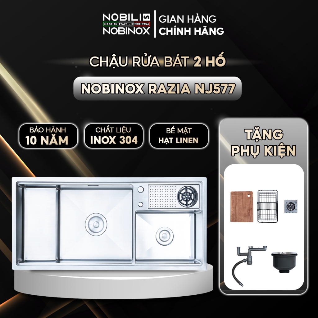 Chậu rửa bát 2 hố Nobinox RAZIA NJ577 inox 304 - Tặng kèm phụ kiện