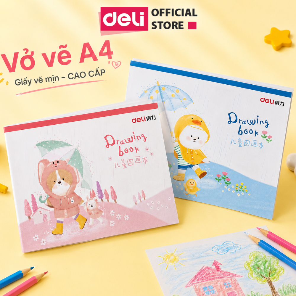 [ĐỦ SIZE] Vở Vẽ Học Sinh Tô Màu Cho Bé A4/B5 Deli - Sổ Tô Màu Sổ Vẽ học sinh Giấy Dày Mịn Chất Liệu 