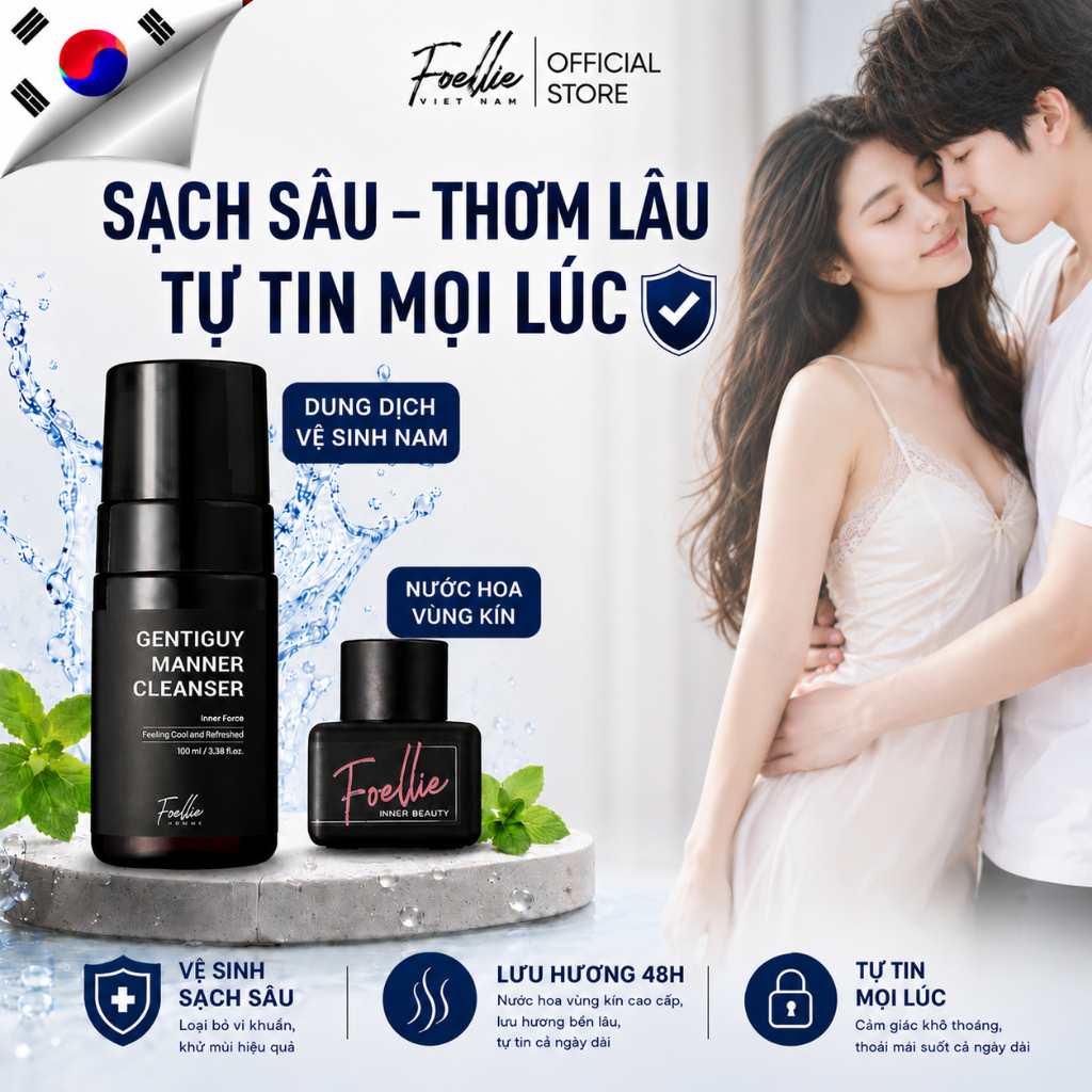 [Combo Hạnh Phúc] Nước Hoa Vùng Kín Foellie Và Dung Dịch Vệ Sinh Nam Foellie Hương Thơm Quyến Rũ