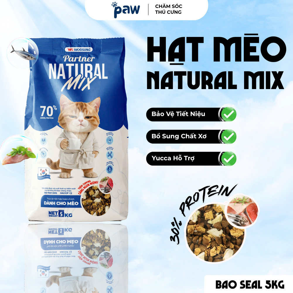 [BAO 5KG] Hạt cho mèo Natural MIX - Đạm 30%, TOPPING thịt sấy, Dễ tiêu hoá, Woosung Catday Hàn Quốc