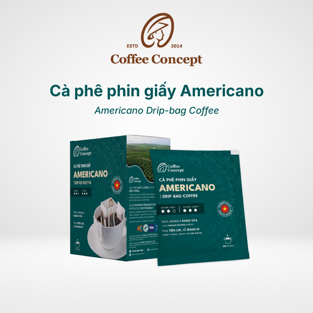 Cà Phê Phin Giấy Americano - Americano Drip-bag Coffee - Hộp 12G x 07 gói | Coffee Concept