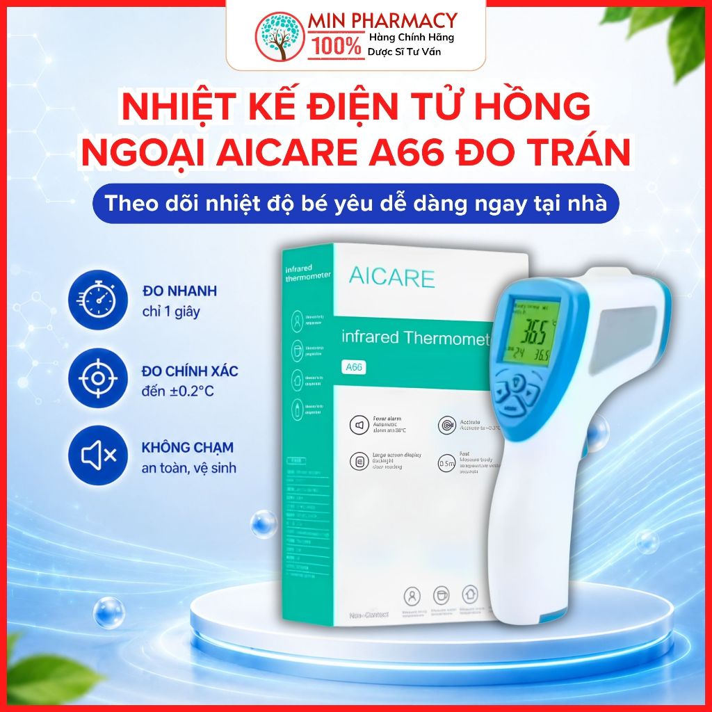 Nhiệt Kế Điện Tử Hồng Ngoại AICARE A66 Đo Trán – Đo Nhanh 1 Giây, Chính Hãng AICARE, Dùng Tại Nhà