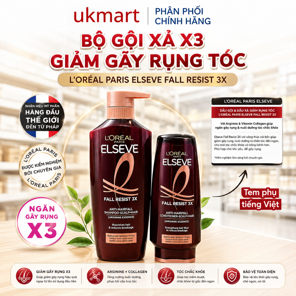 Dầu gội ngăn gãy rụng L'Oreal Elseve 620ml Dầu Xả Dưỡng Tóc Giảm Gãy Rụng 280ml Elseve Fall Resist