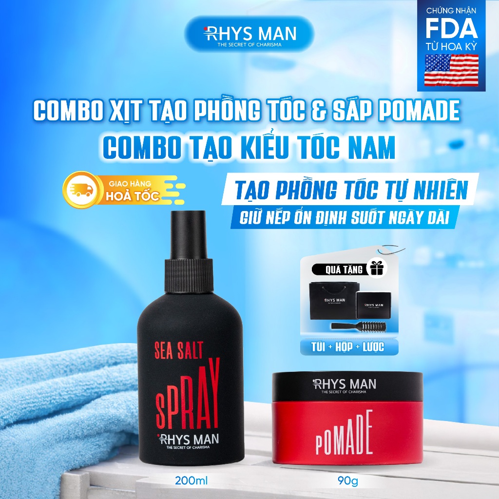 Combo - Xịt tạo phồng tóc 200ml & Sáp vuốt tóc Pomade 90g Rhys Man