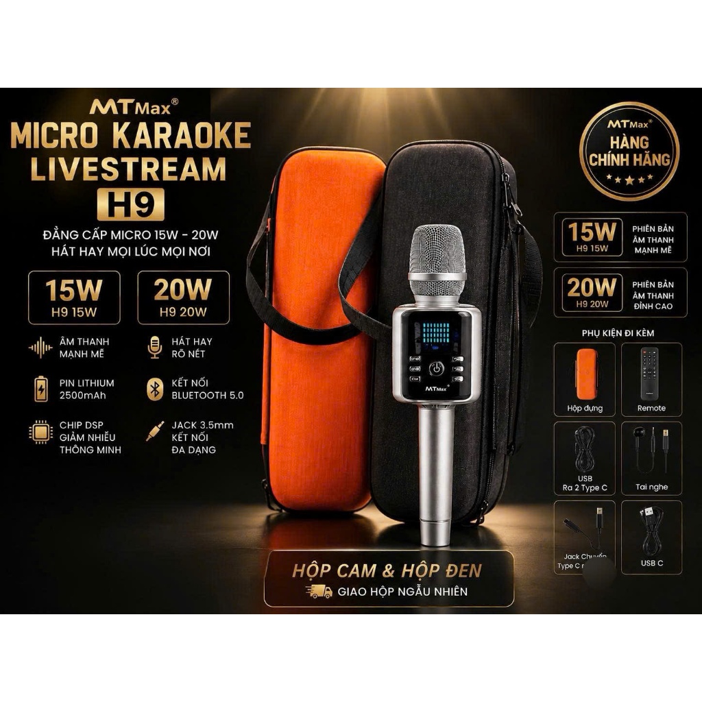 Micro Bluetooth Karaoke H9  H9 Pro Đầy Đủ Dây Jack Kết Nối Đi Kèm Hộp Đựng Cao Cấp Chống Sốc