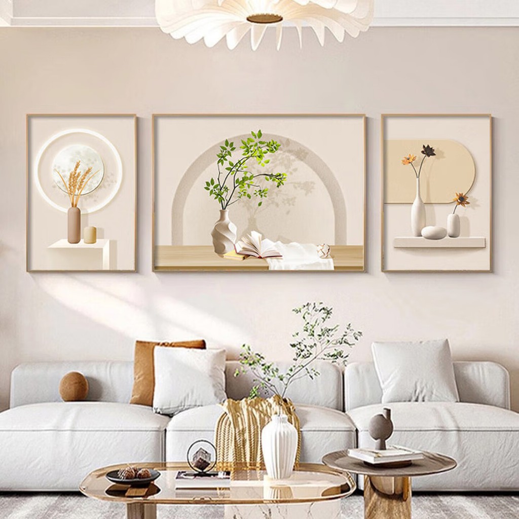 Bộ Tranh Decor 3 Tấm Phong Cách Kem Hiện Đại Tranh Treo Tường Phòng Khách Phòng Ngủ Không Viền Chất 