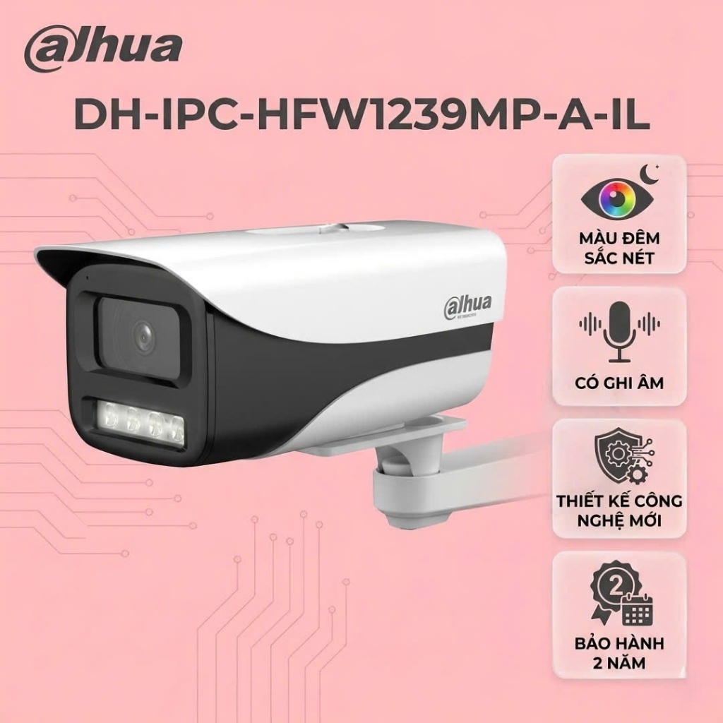 Camera IP Dahua DH-IPC-HFW1239MP-A-IL 2MP Full Color, Mic, Hồng ngoại 30m, IP67 ngoài trời
