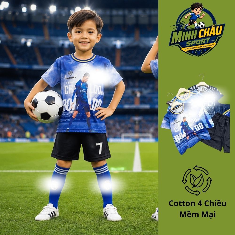 Đồ bộ đá banh bé trai cầu thủ Messi, Ronaldo co giãn tốt, thấm mồ hôi mặc nhà 10-60kg