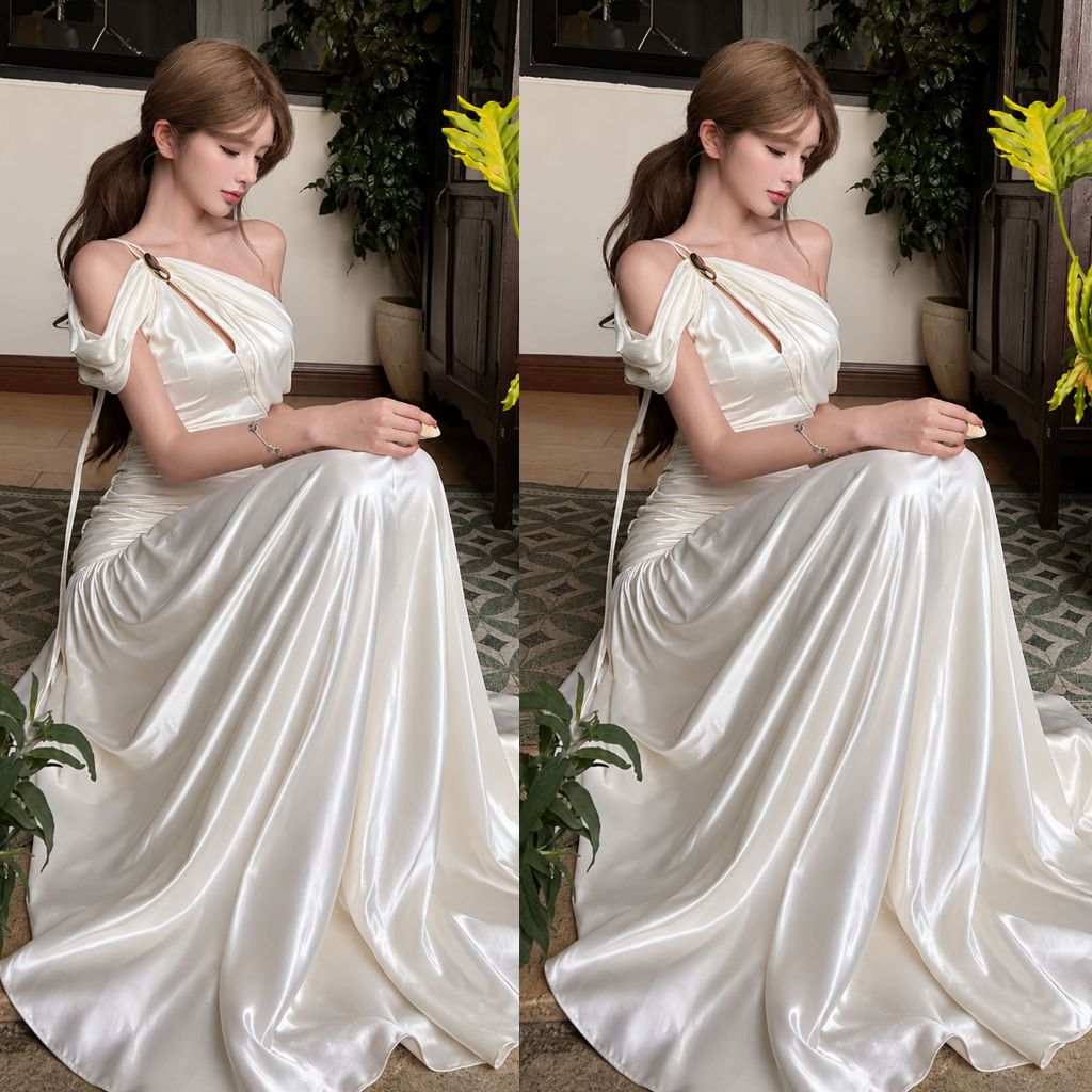 Đầm Lụa Dạ Hội Lệch Vai Dáng Xoè Mềm Mại Tôn Dáng Sang Trọng NV837 Váy Lụa Dang Maxi Cách Điệu Nhúng Eo | BigBuy360 - bigbuy360.vn