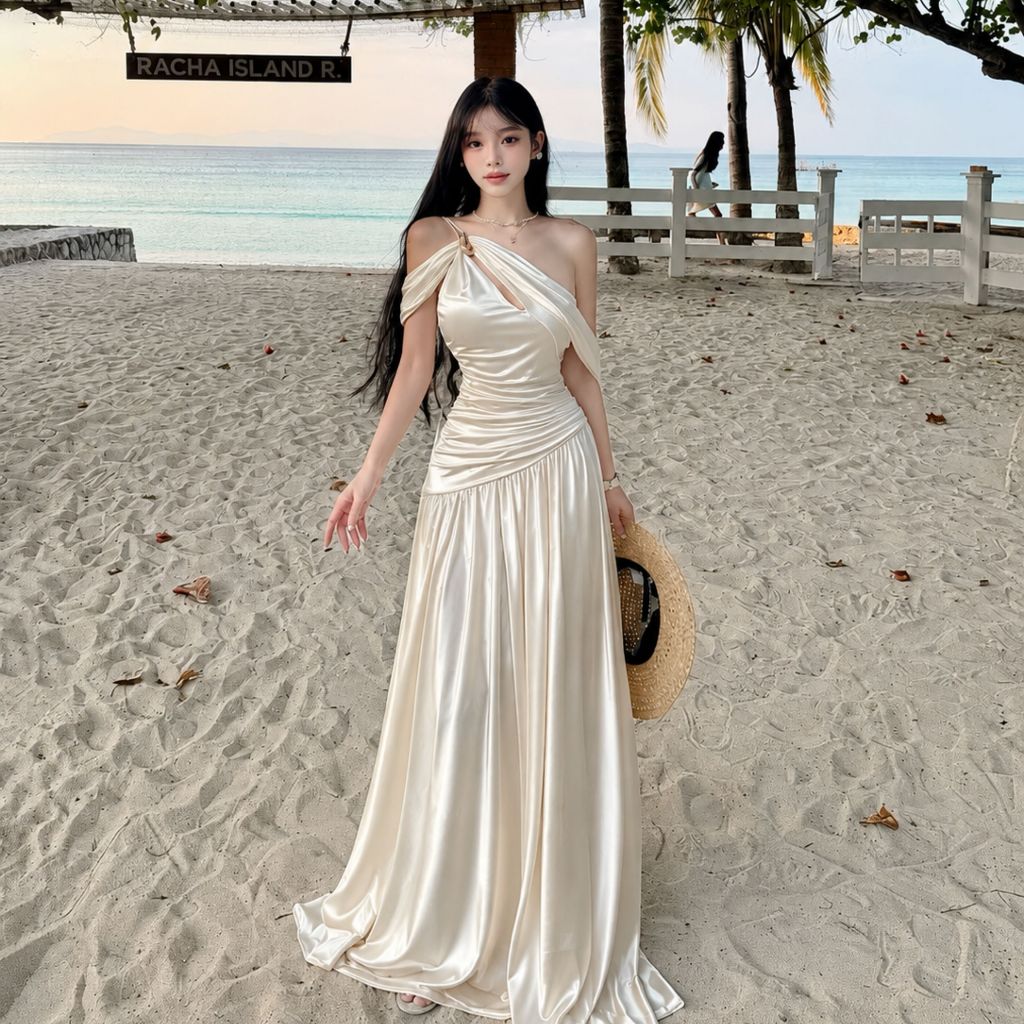 Đầm Lụa Dạ Hội Lệch Vai Dáng Xoè Mềm Mại Tôn Dáng Sang Trọng NV837 Váy Lụa Dang Maxi Cách Điệu Nhúng Eo | BigBuy360 - bigbuy360.vn