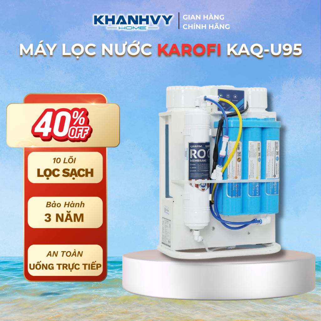 Máy Lọc Nước RO Karofi KAQ-U95 - 10 Lõi Lọc - Aiotec Kết Nối App - Màng RO Mỹ 100 GPD - Uống Trực Ti