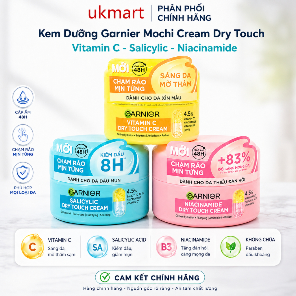 MỚI Kem dưỡng ẩm Garnier kết cấu ráo mịn Mochi cấp ẩm 48H da căng mịn Garnier Dry Touch Cream 30ml