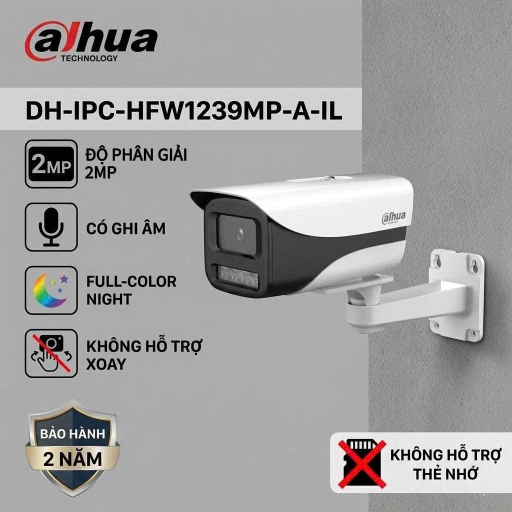 Camera Dahua DH-IPC-HFW1239MP-A-IL 2MP IP Full Color, Mic, PoE, Hồng ngoại thông minh IP67