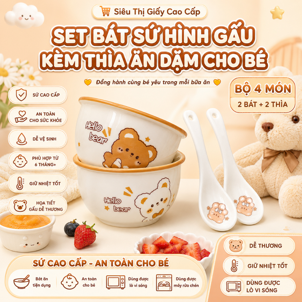 bát sứ cute ,Set 2 bát gấu kèm 2 thìa - Bát sứ cho bé