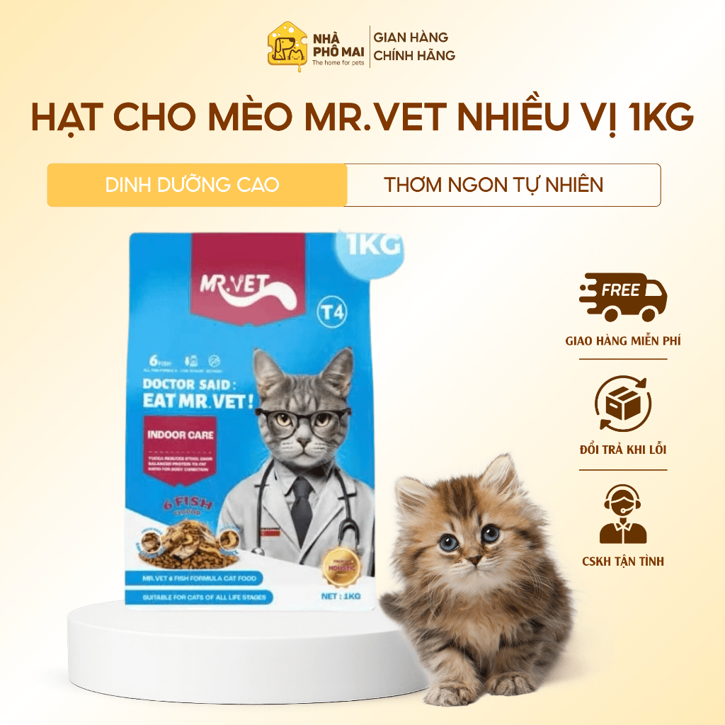 Hạt Cho Mèo MrVet Kèm Topping Hạt Mrvet Nhiều Vị Thơm Ngon Thức Ăn Cho Mèo 1KG