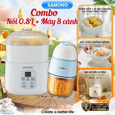 (BH 1 năm) Combo nồi nấu chậm Samono SW-SC08B 0.8L và máy xay mini ăn dặm cho bé SW-MC200/MC200S- 300ml