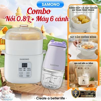 (BH 1 năm) Combo nồi nấu chậm Samono 0.8L SW-SC08B và máy xay mini ăn dặm 300ml cho bé SW-MC200/MC200S