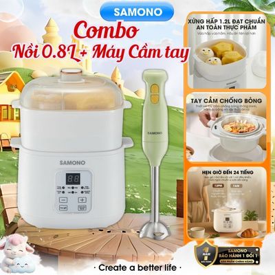 Combo nồi nấu cháo chậm Samono 0.8Lít SW-SC08B và máy xay cầm tay SW-HB200A - BH 1 năm