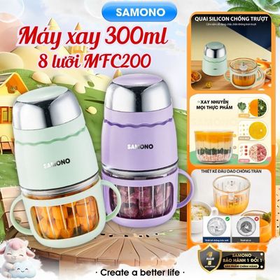 (CAO CẤP- 8 LƯỠI + QUAI) Máy xay ăn dặm 0.3L Samono SW-MFC200 cho bé, 200W, cối thủy tinh kèm quai chụp, xay thịt