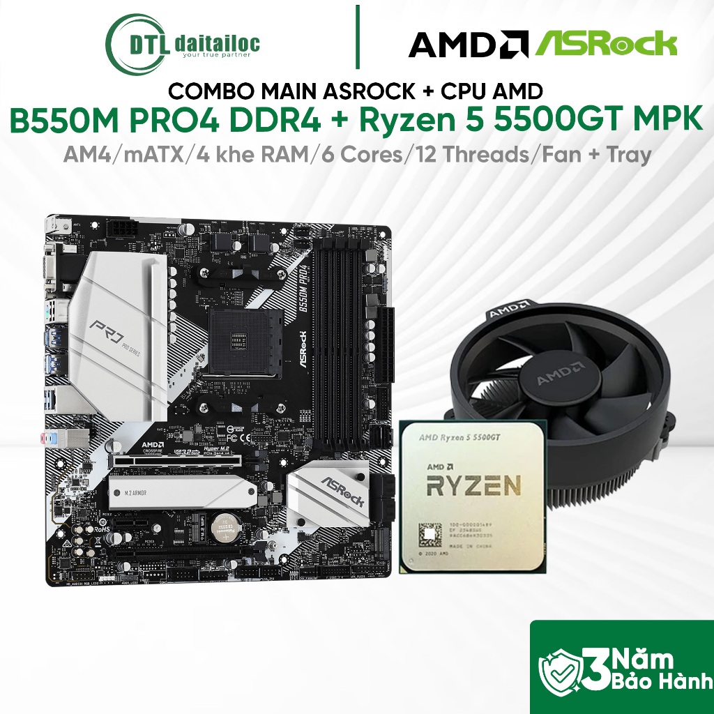 Combo MainBoard Asrock  B550M Pro4 DDR4 + Cpu Ryzen 5 5500GT MPK  tray + fan | Chính Hãng | Bảo Hành