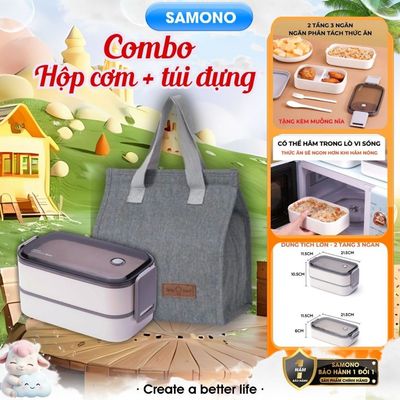SAMONO Combo hộp cơm văn phòng đẹp gọn 2 tầng tiện lợi BTW40 và túi giữ nhiệt BLB30 Chống Thấm Nước