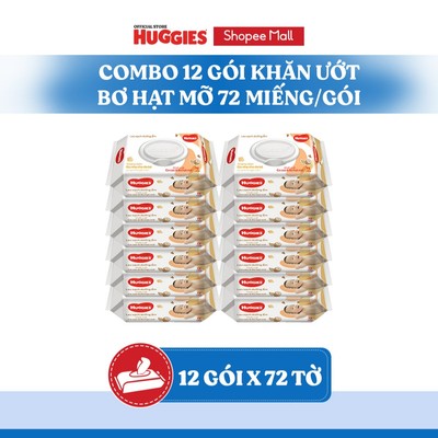 [KOL LIVE] Thùng 12 gói khăn ướt Huggies Bơ hạt mỡ (dưỡng da) cao cấp, dày dặn, mềm mịn cho bé (72 miếng/gói)