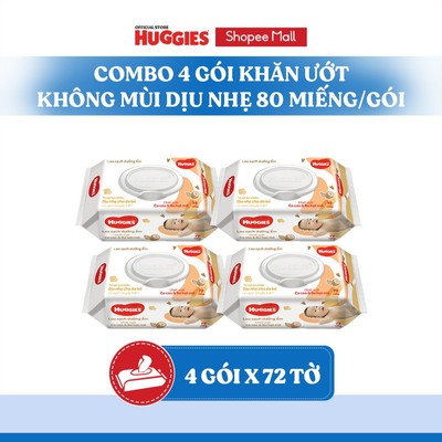 Combo 4 gói khăn ướt Huggies Bơ hạt mỡ (dưỡng da) cao cấp, dày dặn, mềm mịn cho bé (72 miếng/gói)