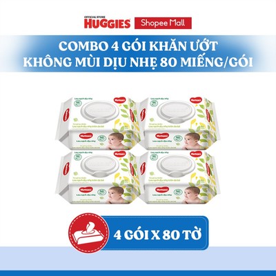 Combo 4 gói khăn ướt Huggies Êm mềm (không mùi) cao cấp, sợi tự nhiên và dịu nhẹ cho bé (80 miếng/gói)