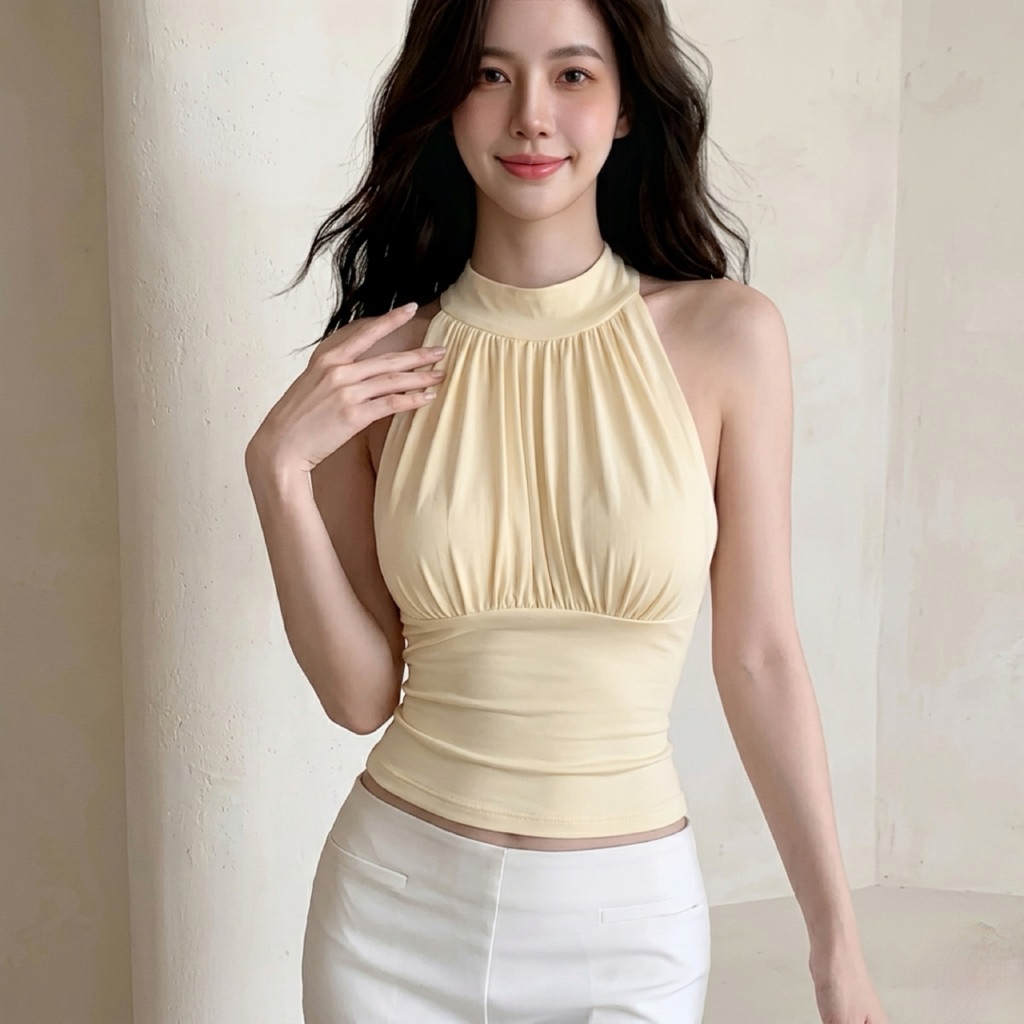 Áo Thun Cổ Yếm Nhún Ngực Xếp Li Thắt Nơ thời trang tiểu thư ôm body cho Nữ A56 | BigBuy360 - bigbuy360.vn