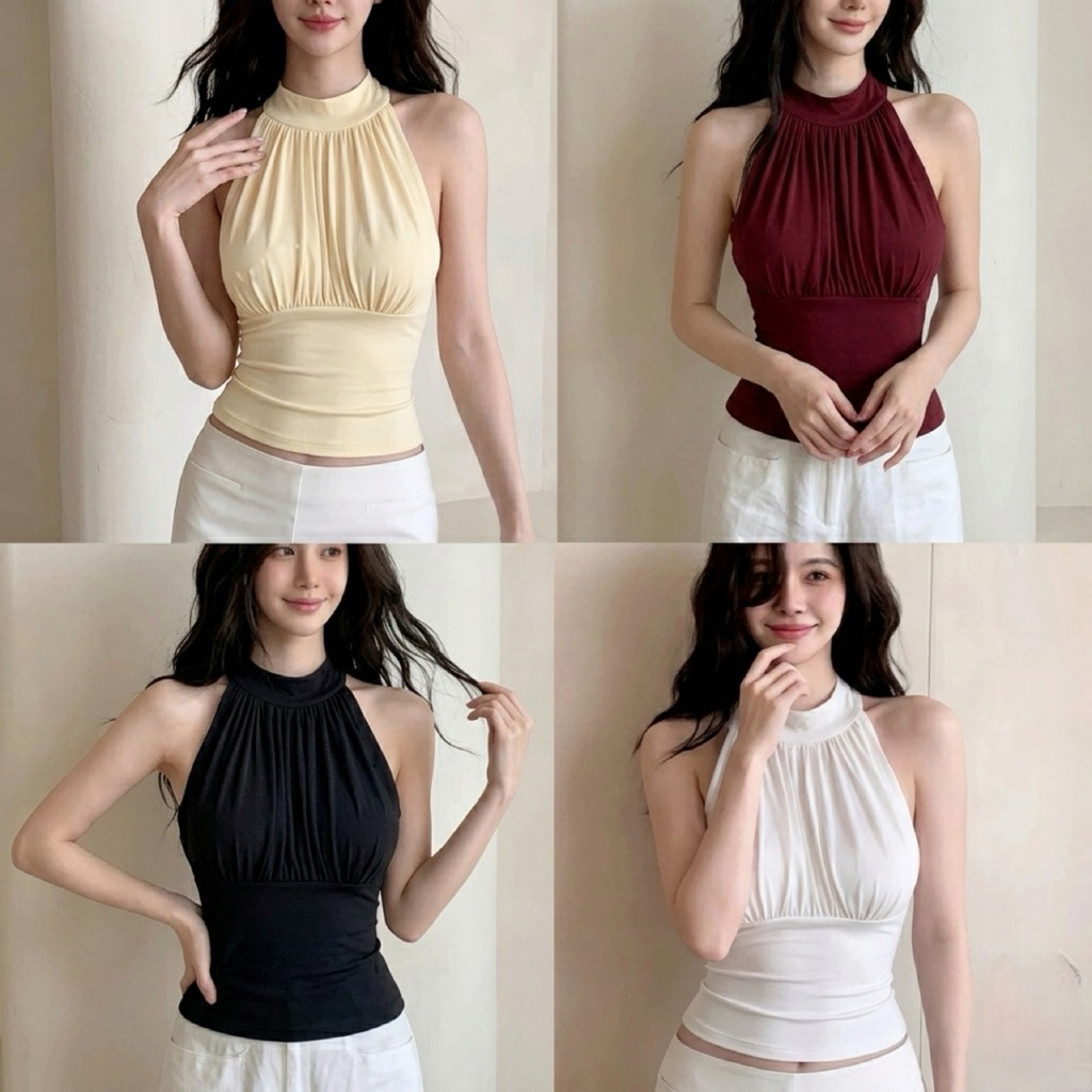 Áo Thun Cổ Yếm Nhún Ngực Xếp Li Thắt Nơ thời trang tiểu thư ôm body cho Nữ A56 | BigBuy360 - bigbuy360.vn