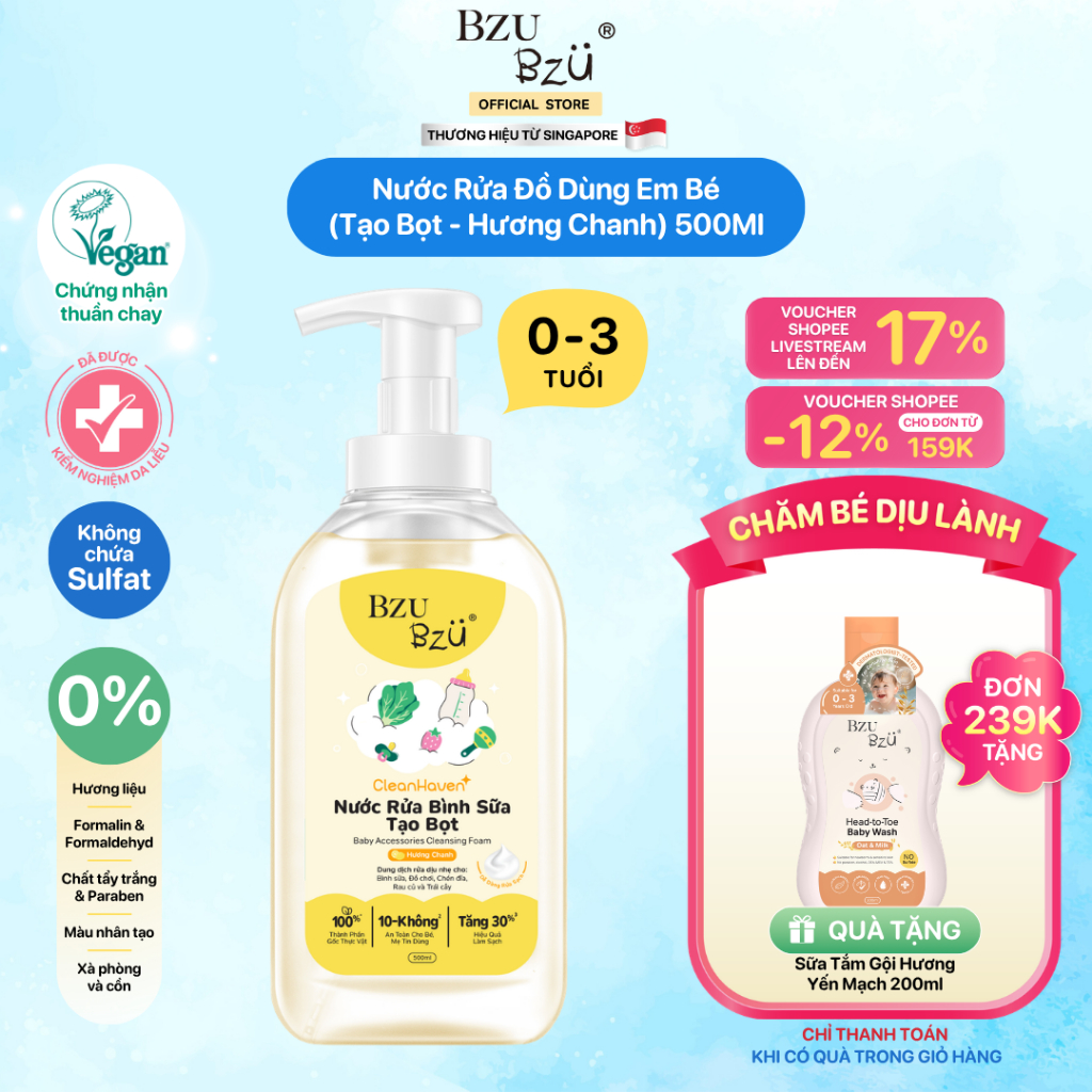 [Phiên bản mới] Nước Rửa Bình Sữa, Rau Củ Và Đồ Dùng Em Bé Thuần Chay BZU BZU Cleansing Foam CleanHa