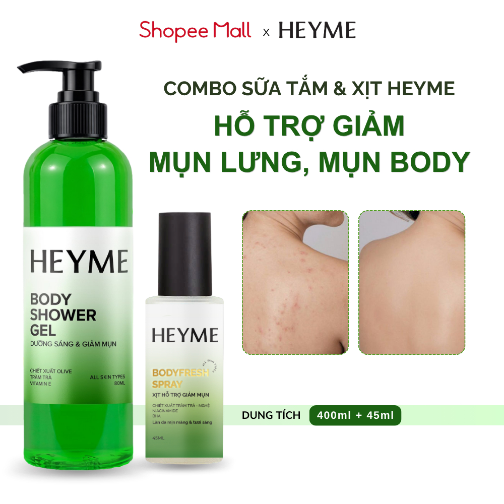 Combo HEYME hỗ trợ giảm mụn lưng - Sữa tắm 300ml và Xịt body 45ml hỗ trợ giảm mụn lưng, mụn cơ thể