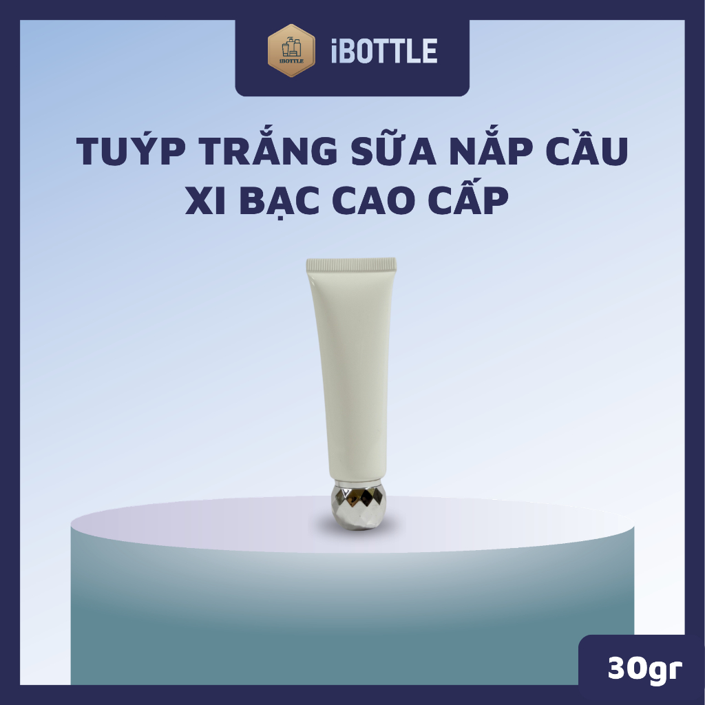 Tuýp Nhựa iBOTTLE 30g Trắng Sứ Nắp Cầu Bạc - Vỏ Tuýp Chiết Kem Chống Nắng, Kem Tay Cao Cấp