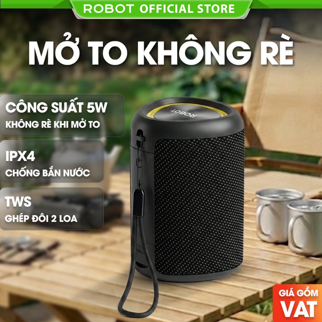 Loa Bluetooth Mini ROBOT RB120 Chống Nước IPX4 Âm Thanh 5W TWS, LED RGB Chính Hãng BH 12 tháng