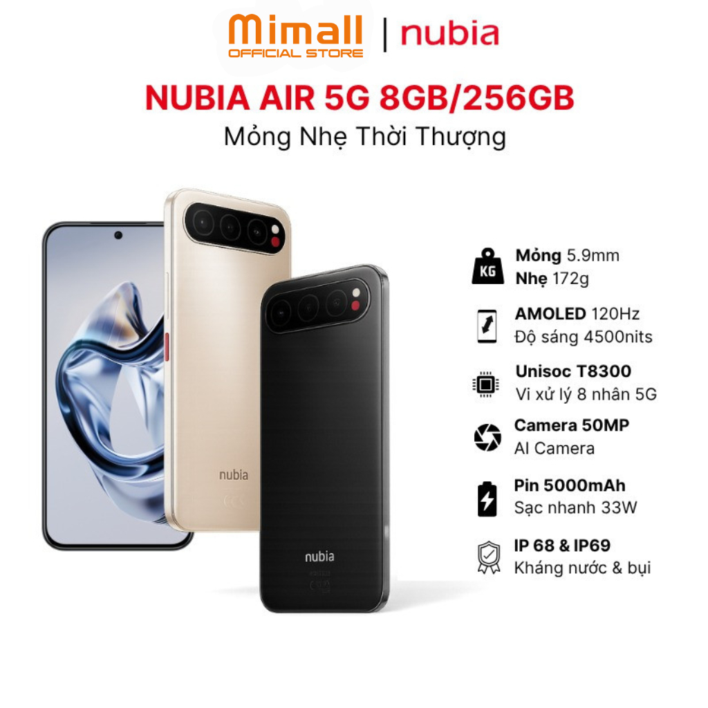 Điện thoại Nubia Air 5G 8GB/256GB I chip Unisoc T8300 I màn AMOLED 4500nits I IP68 & IP69 I Pin 5000